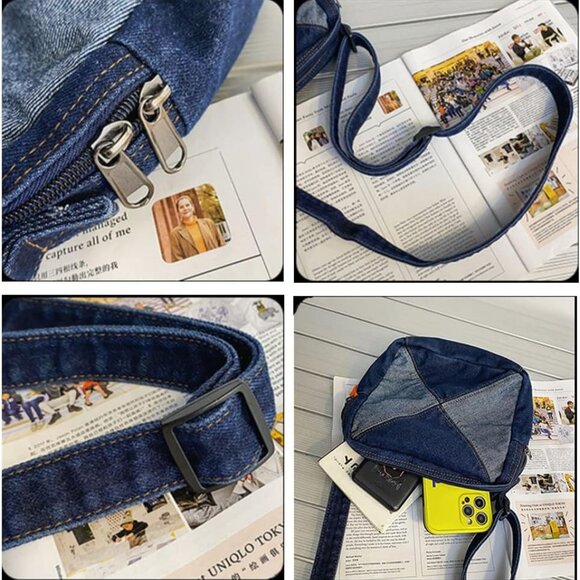 Denim Crossbody Bag for Women Girls Small Light Blue Zipper Adjustable Strap - Picture 4 of 8